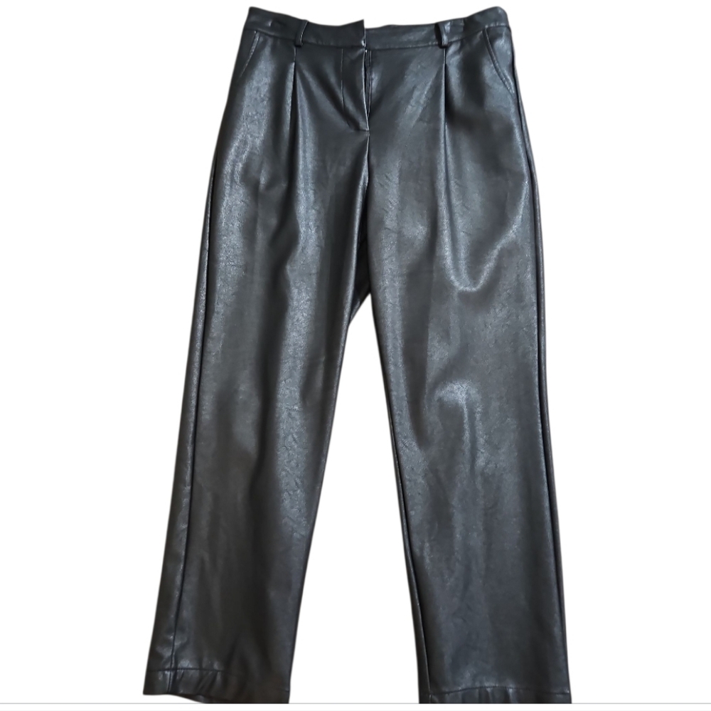 Blu Pepper Black Faux Leather High Waist Straight Leg Pleated Pants L